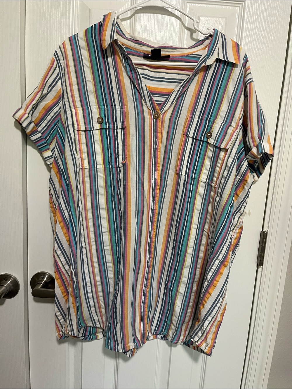 Roaman's Multicolor Striped Button-Front Short-Sleeve Tunic